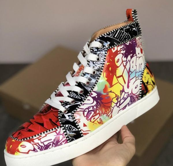 red bottom junior spikes men s flat shoes high sneaker multi-colored patent luxury party shoes high lace-up casual shoes, Black 
red bottom junior spikes men s flat shoes high sneaker multi-colored patent luxury party shoes high lace-up casual shoes, Black