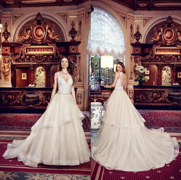 2019 modern tiered skirts tulle a line wedding dresses v neck a line open back plus size beach bridal wedding gowns 
2019 modern tiered skirts tulle a line wedding dresses v neck a line open back plus size beach bridal wedding gowns