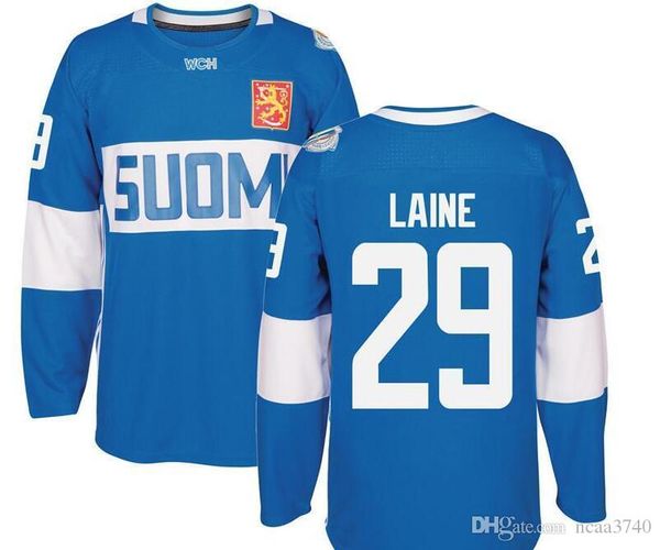 rare blue white full embroidery 2016 world cup of hockey finland team #29 patrik laine hockey jersey or custom any name or number jersey, Black