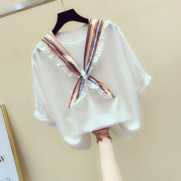 ruffles shirt female summer new doll neckline bow tie loose short sleeved chiffon blouse shirts student nancylim top, White
ruffles shirt female summer new doll neckline bow tie loose short sleeved chiffon blouse shirts student nancylim top, White