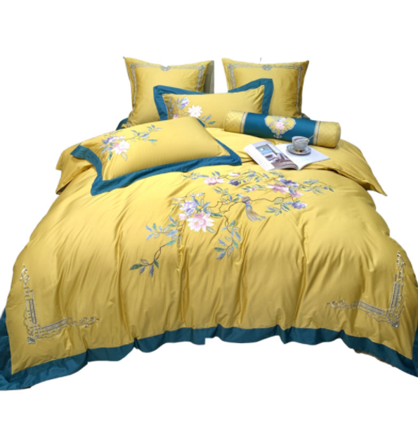 high-end home textile new chinese style chinese style embroidery flower 80 cotton quilt cover four-piece yellow bedding 
high-end home textile new chinese style chinese style embroidery flower 80 cotton quilt cover four-piece yellow bedding
