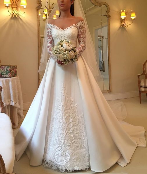 setwell sweetheart a-line wedding dress long sleeves floor length court train pleated lace satin bridal gown, White
setwell sweetheart a-line wedding dress long sleeves floor length court train pleated lace satin bridal gown, White