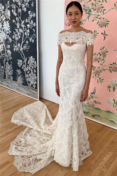 romantic full lace mermaid wedding dresses 2020 bateau neckline appliques sweep train bride wedding gowns custom made vestido de novia, White
romantic full lace mermaid wedding dresses 2020 bateau neckline appliques sweep train bride wedding gowns custom made vestido de novia, White