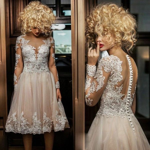 appliques tulle long sleeves see through 50's vintage champagne short a line knee length wedding dresses lace bridal gown custom made, White
appliques tulle long sleeves see through 50's vintage champagne short a line knee length wedding dresses lace bridal gown custom made, White