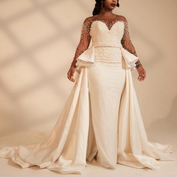 african mermaid wedding dresses with over removable train sheer neck long sleeve sweep train garden country chapel bridal gowns plus size, White
african mermaid wedding dresses with over removable train sheer neck long sleeve sweep train garden country chapel bridal gowns plus size, White