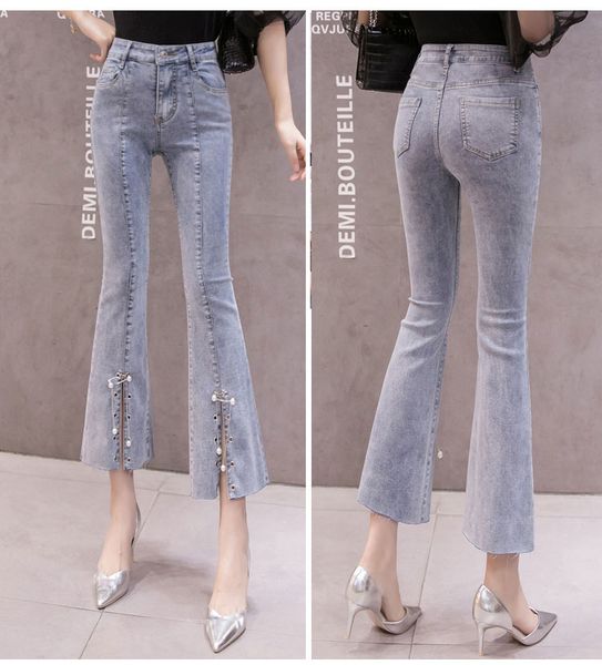 blue gray his trousers split micro flared trousers jeans are female
