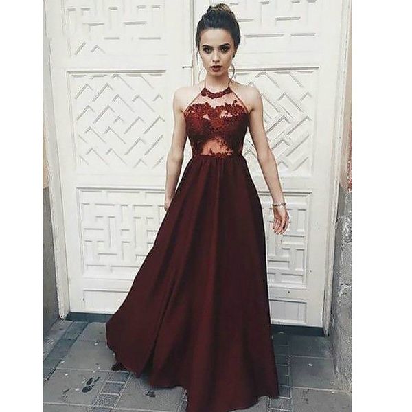 burgundy lace chiffon prom dresses halter neck illusion bodice floor length a line 2019 long evening party gowns custom size, Black
burgundy lace chiffon prom dresses halter neck illusion bodice floor length a line 2019 long evening party gowns custom size, Black