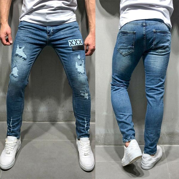 new men skinny jeans ripped slim fit stretch denim distress frayed biker fashion, Blue
new men skinny jeans ripped slim fit stretch denim distress frayed biker fashion, Blue
