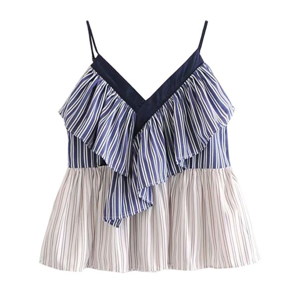 women blue contrast color striped ruffle v neck sleeveless tank camis sling summer, White
women blue contrast color striped ruffle v neck sleeveless tank camis sling summer, White