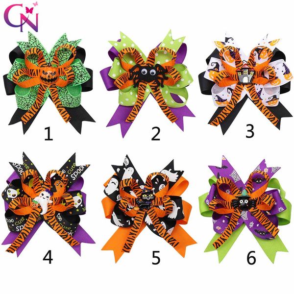 

4.5''halloween hair bows for girls designed printed hair clip pumpkin ghost patches hairpin festival party kids hair accessories, Slivery;white