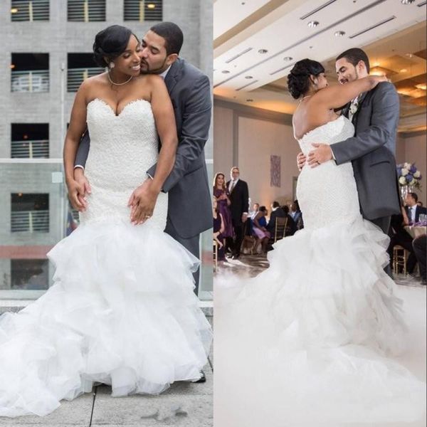 charming african black girls plus size mermaid wedding dresses 2020 sweetheart neck ruffles tiered tulle bridal gowns with lace, White
charming african black girls plus size mermaid wedding dresses 2020 sweetheart neck ruffles tiered tulle bridal gowns with lace, White