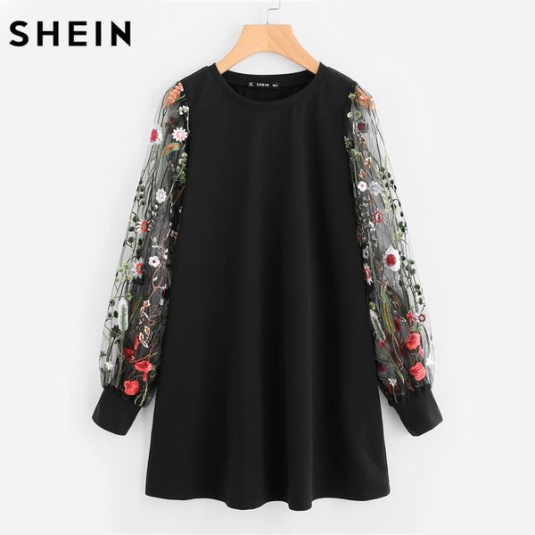 

shein botanical embroidered mesh sleeve longline pullover elegant black long sleeve casual fall 2017 sweatshirts