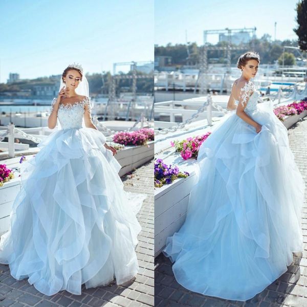 ice blue cascading ruffles ball gown wedding dresses scoop neck illusion long sleeve beaded vestidos de novia tulle puffy skirt bridal dress, White
ice blue cascading ruffles ball gown wedding dresses scoop neck illusion long sleeve beaded vestidos de novia tulle puffy skirt bridal dress, White