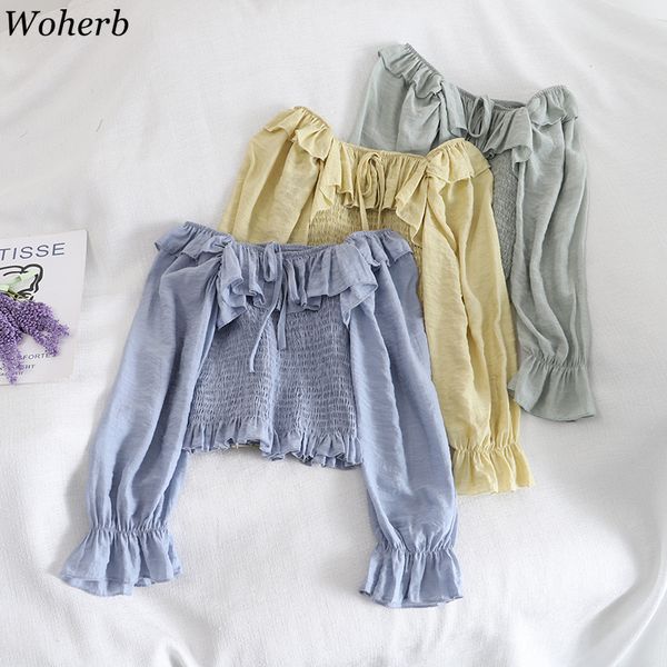 woherb crop slash neck off shoulder long sleeve short blouse 2020 korean female stylish pleated ruffle blusas, White
woherb crop slash neck off shoulder long sleeve short blouse 2020 korean female stylish pleated ruffle blusas, White