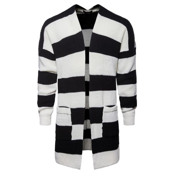 cardigan mens collared cardigan jackets men's middle long black and white striped printed knitted sweater jackets, White;black
cardigan mens collared cardigan jackets men's middle long black and white striped printed knitted sweater jackets, White;black