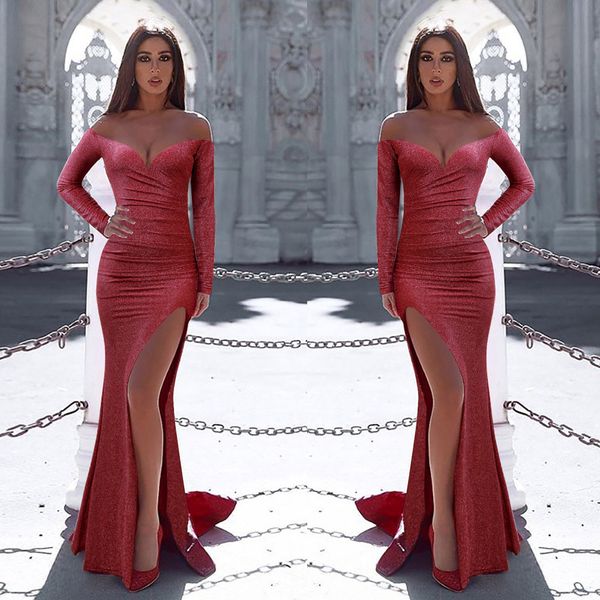 2020 luxury long sleeve sequined red mermaid prom dresses high split sheer jewel neck evening wear beads celebrity prom gowns, Black
2020 luxury long sleeve sequined red mermaid prom dresses high split sheer jewel neck evening wear beads celebrity prom gowns, Black