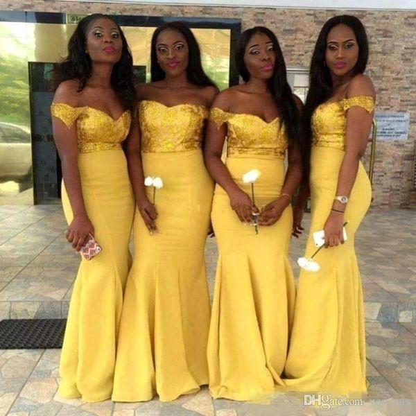 2020 african yellow sequined mermaid bridesmaid dresses off shoulder sweep train sequins plus size wedding party dresses maid of honor gowns, White;pink
2020 african yellow sequined mermaid bridesmaid dresses off shoulder sweep train sequins plus size wedding party dresses maid of honor gowns, White;pink