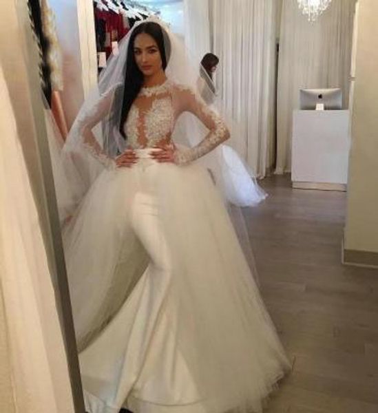 china new custom made wedding dress with sleeves french satin mermaid removable tulle overskirt wedding dress, White
china new custom made wedding dress with sleeves french satin mermaid removable tulle overskirt wedding dress, White
