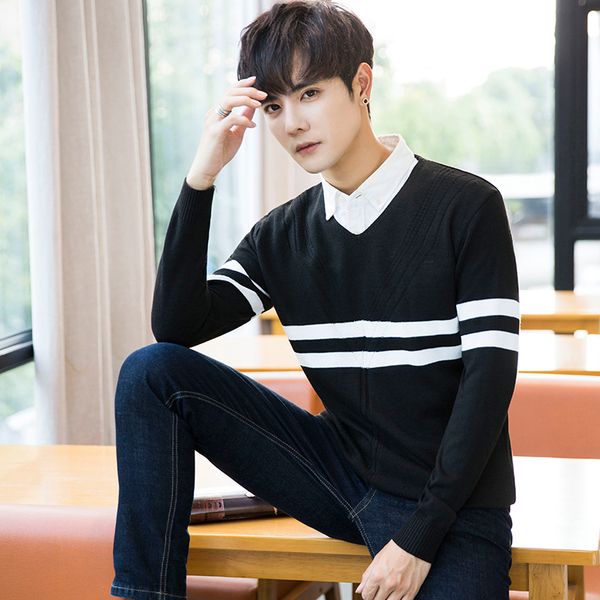 sweater men 2018 winter new loaded korean version of the trend striped round neck sweater youth men's tide, White;black
sweater men 2018 winter new loaded korean version of the trend striped round neck sweater youth men's tide, White;black