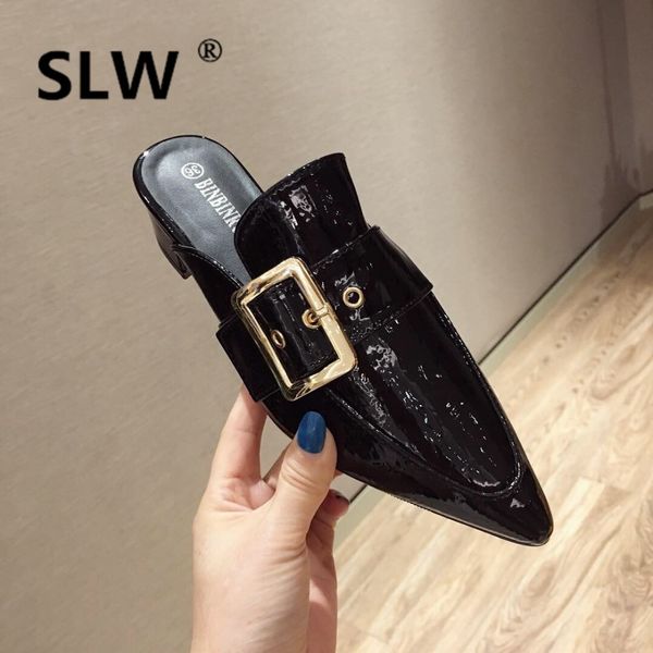 european style pointed toe lazy shoes female buckle strap patent leather mules shoes 2019 spring woman thick heel slides, Black
european style pointed toe lazy shoes female buckle strap patent leather mules shoes 2019 spring woman thick heel slides, Black