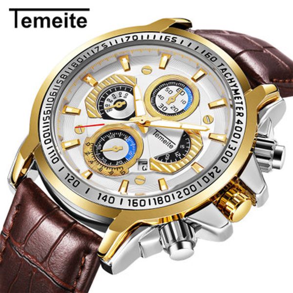 

temeite sports casual quartz watch leather strap men watches three eyes decoration luminous hands fashion calendar wrist watches, Slivery;brown