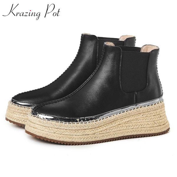 krazing pot new cow leather round toe slip on wedges high heels platform boots straw decoration casual keep warm ankle boots l90, Black
krazing pot new cow leather round toe slip on wedges high heels platform boots straw decoration casual keep warm ankle boots l90, Black