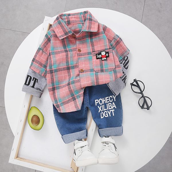spring suit for boys 2020 new baby wear for boys fashion plaid lapel shirt spliced 2 shirts + washed jeans 2 pieces, White