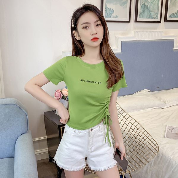 women's t-shirt avocado green short sleeved 2021 style summer slim fit drawstring sense of design non-mainstream scheming sh, White 
women's t-shirt avocado green short sleeved 2021 style summer slim fit drawstring sense of design non-mainstream scheming sh, White