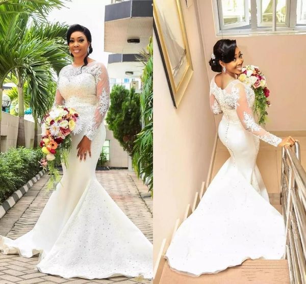 2020 new vintage african mermaid wedding dresses jewel neck long sleeves lace appliques crystal beaded organza formal plus size bridal gowns, White
2020 new vintage african mermaid wedding dresses jewel neck long sleeves lace appliques crystal beaded organza formal plus size bridal gowns, White