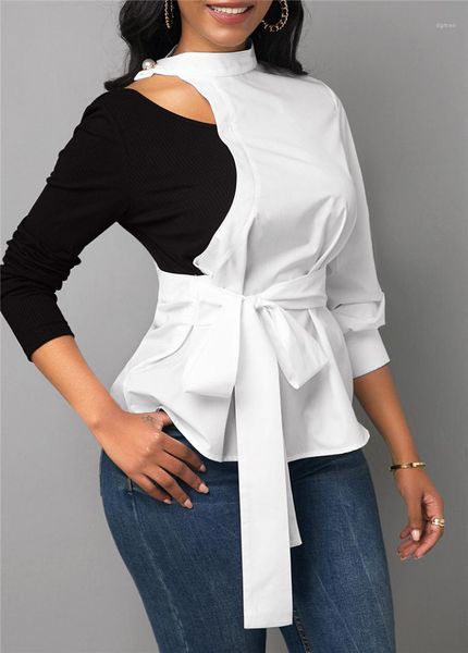 lace-up shirts casual contrast color long sleeve shirt female clothing womens designer panelled blouses fashion bow, White
lace-up shirts casual contrast color long sleeve shirt female clothing womens designer panelled blouses fashion bow, White