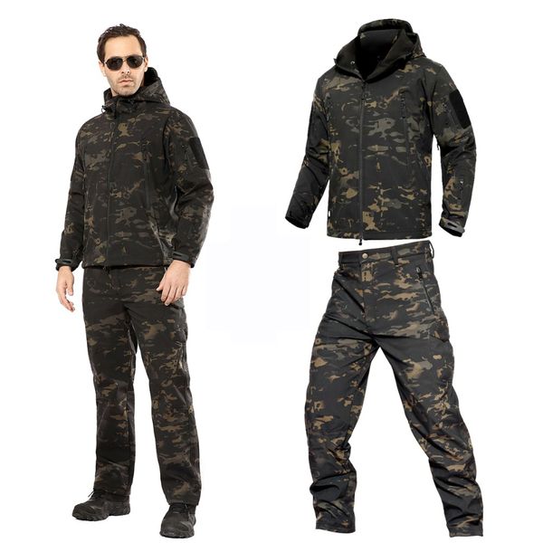 

camouflage warm clothes rain coat tactical jackets men fleece softshell jacket waterproof women trousers fishing hiking pants, Blue;black