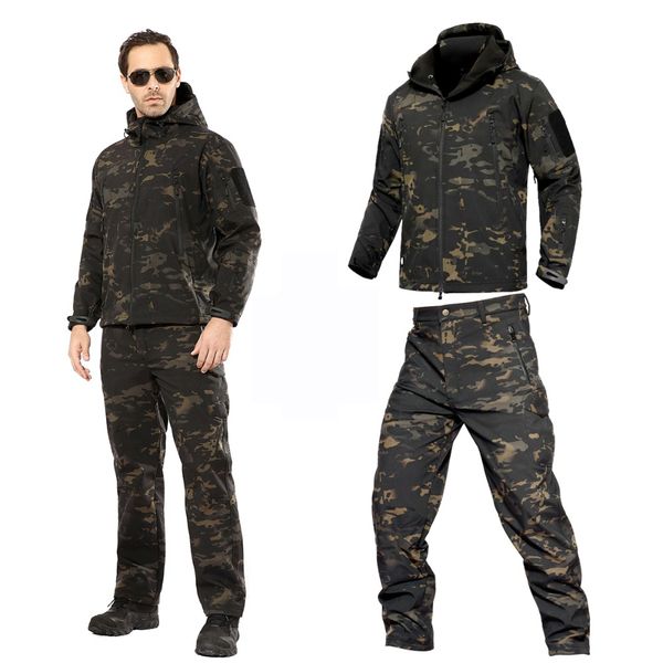 

camouflage warm clothes rain coat tactical jackets men fleece softshell jacket waterproof women trousers fishing hiking pants, Blue;black