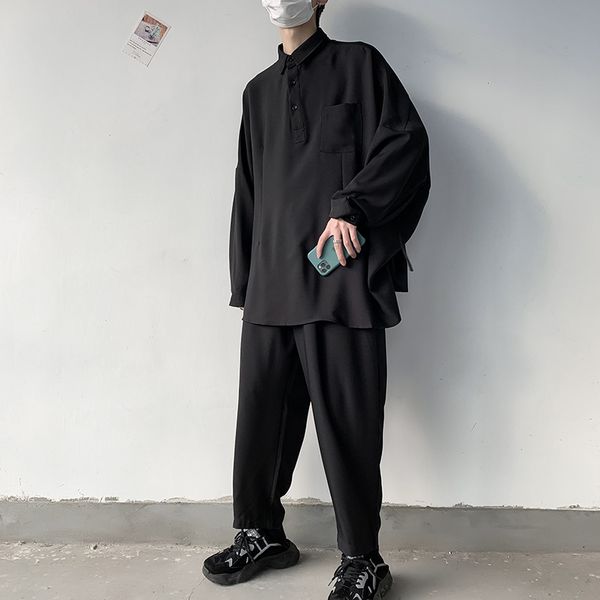 men 2 pieces sets suits shirt pant male women vintage long sleeve loose pullover casual shirt couple streetwear trousers, White;black
men 2 pieces sets suits shirt pant male women vintage long sleeve loose pullover casual shirt couple streetwear trousers, White;black
