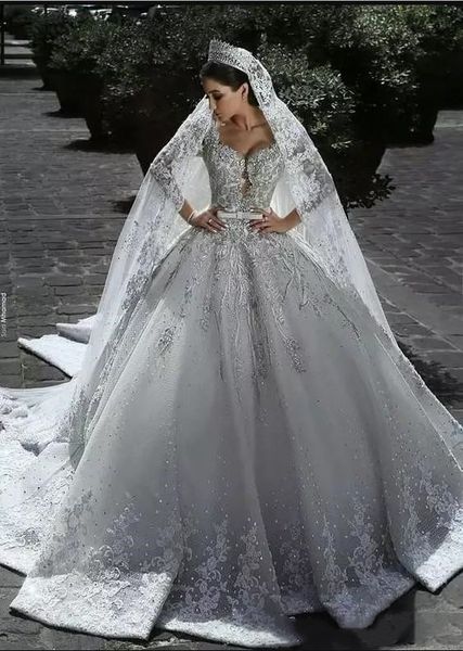 2019 new luxurious plus size arabic ball gown wedding dress glamorous half sleeves tulle appliques beaded sequins fitted bridal gowns, White
2019 new luxurious plus size arabic ball gown wedding dress glamorous half sleeves tulle appliques beaded sequins fitted bridal gowns, White