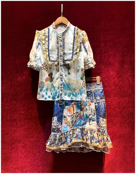 european and american women's clothing 2020 summer new style short sleeved lace retro print shirt jacquard fishtail skirt fashion suits, White
european and american women's clothing 2020 summer new style short sleeved lace retro print shirt jacquard fishtail skirt fashion suits, White