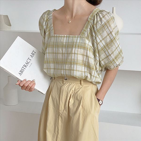 plaid shirt square collar bubble sleeve short sleeve shirt women's 2020 summer women's straight top, White
plaid shirt square collar bubble sleeve short sleeve shirt women's 2020 summer women's straight top, White