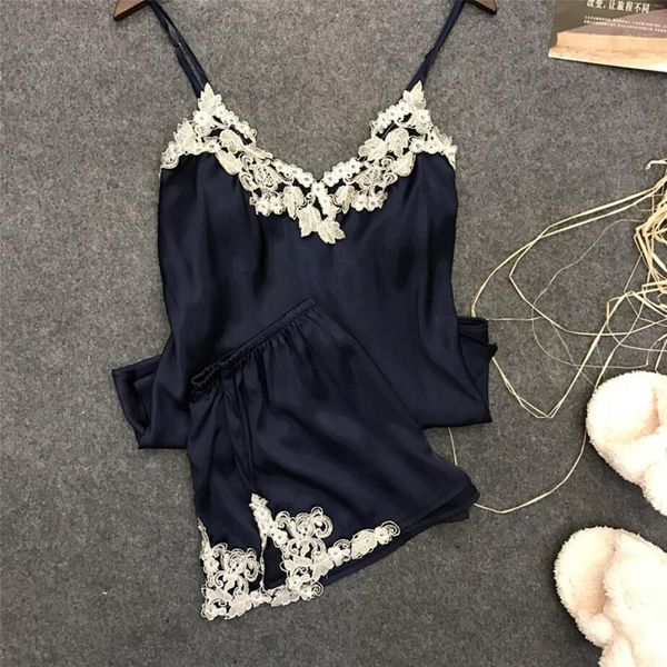 red summer lace women pajamas sleepwear for women sleeveless strap pyjamas satin + shorts pajamas sets nightwear 946, Black;red