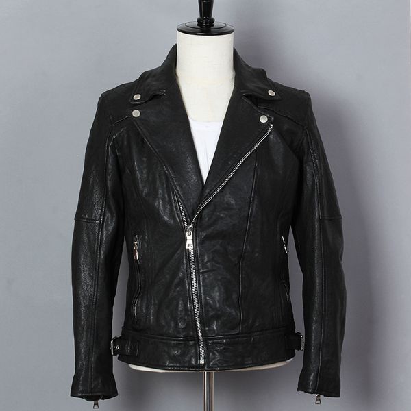 men's genuine leather jacket vegetable tanned sheep leather jacket slim fit lapel cable-strap motorcycle clothing, Black
men's genuine leather jacket vegetable tanned sheep leather jacket slim fit lapel cable-strap motorcycle clothing, Black