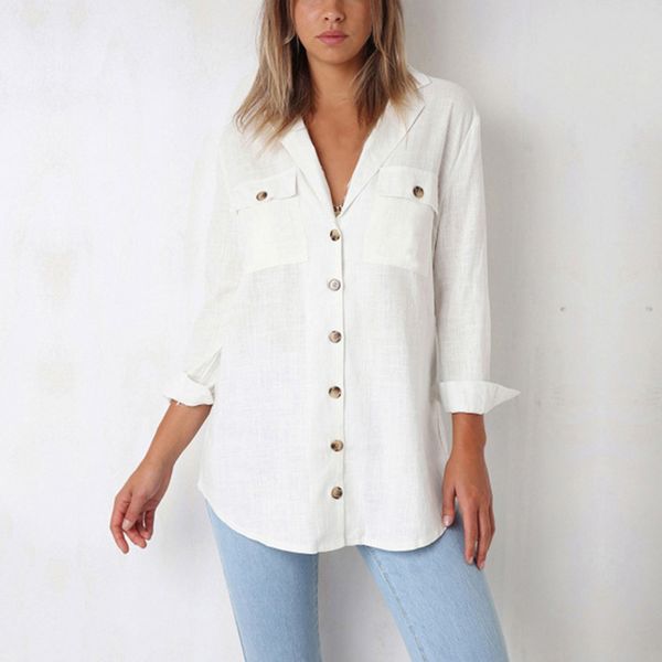 2019 fashion ladies casual blouse long sleeve v-neck pocket button down shirt, White
2019 fashion ladies casual blouse long sleeve v-neck pocket button down shirt, White