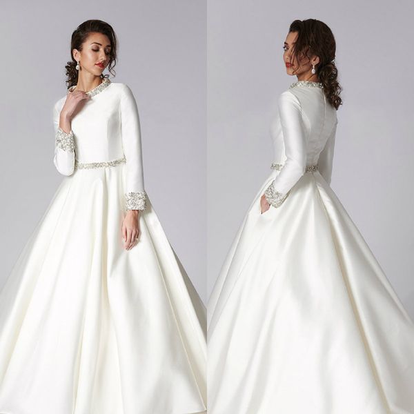long sleeve a line wedding dresses jewel neck beads satin plus size wedding dress sweep train robes de marie, White
long sleeve a line wedding dresses jewel neck beads satin plus size wedding dress sweep train robes de marie, White