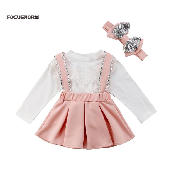 2018 princess sweet toddler girls clothes sets lace floral white turtleneck t-shirts pink bow overalls skirts+headband 3pcs 
2018 princess sweet toddler girls clothes sets lace floral white turtleneck t-shirts pink bow overalls skirts+headband 3pcs