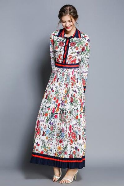 early autumn new retro print long sleeve pleated long dress, Black;gray