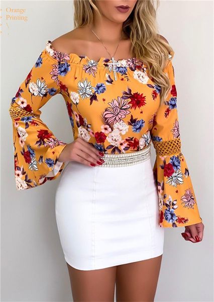 women chiffon slash neck fashion floral printed bell sleeve slim casual women designer clothing, White
women chiffon slash neck fashion floral printed bell sleeve slim casual women designer clothing, White