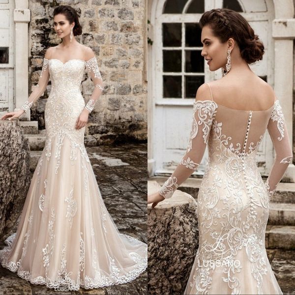 2019 mermaid long wedding dresses new vintage off shoulder long sleeves backless bead champagne tulle sweep train custom made bridal dresses, White
2019 mermaid long wedding dresses new vintage off shoulder long sleeves backless bead champagne tulle sweep train custom made bridal dresses, White