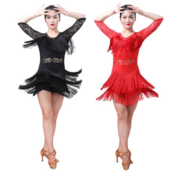 women and temperament lace patchwork latin dance practice clothes dance performance clothing double fringe dress new, Black;red
women and temperament lace patchwork latin dance practice clothes dance performance clothing double fringe dress new, Black;red