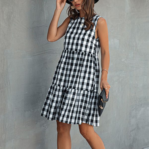 sleeveless plaid loose short dress women 2020 summer new casual round neck a-line women pleated dress vestidos dr1975, Black;gray
sleeveless plaid loose short dress women 2020 summer new casual round neck a-line women pleated dress vestidos dr1975, Black;gray