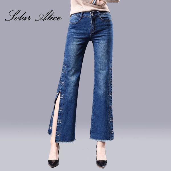 solar alice 2019 mid waist women side splited jeans flare pants plus size rivets washed female regular jeans, Blue
solar alice 2019 mid waist women side splited jeans flare pants plus size rivets washed female regular jeans, Blue