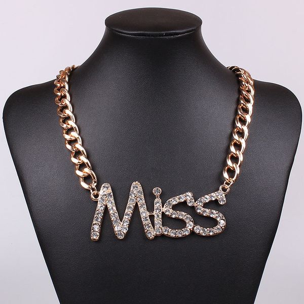 new fashion luxury designer exaggerated metal chain diamond letter miss pendant choker statement necklace for women, Silver
new fashion luxury designer exaggerated metal chain diamond letter miss pendant choker statement necklace for women, Silver