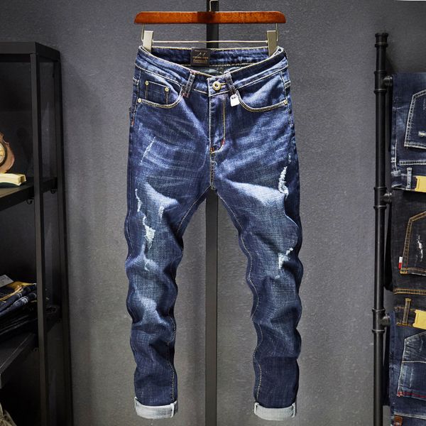 the four seasons jeans men denim hole bleached slim casual distressed vintage washed pencil pants solid color cowboy full length, Blue
the four seasons jeans men denim hole bleached slim casual distressed vintage washed pencil pants solid color cowboy full length, Blue