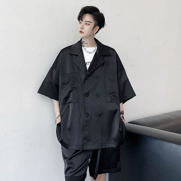 men's casual shirts men 2pcs suits sets shirt+shorts double breasted loose short sleeve male vintage streetwear fashion shirt, White;black
men's casual shirts men 2pcs suits sets shirt+shorts double breasted loose short sleeve male vintage streetwear fashion shirt, White;black